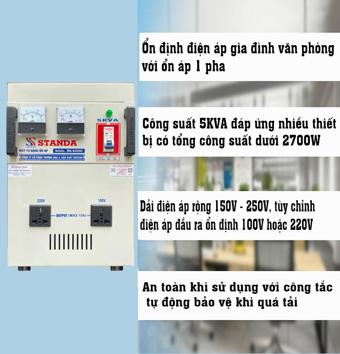 on ap Standa 5KVA dai 150V - 250V với công dụng của máy 