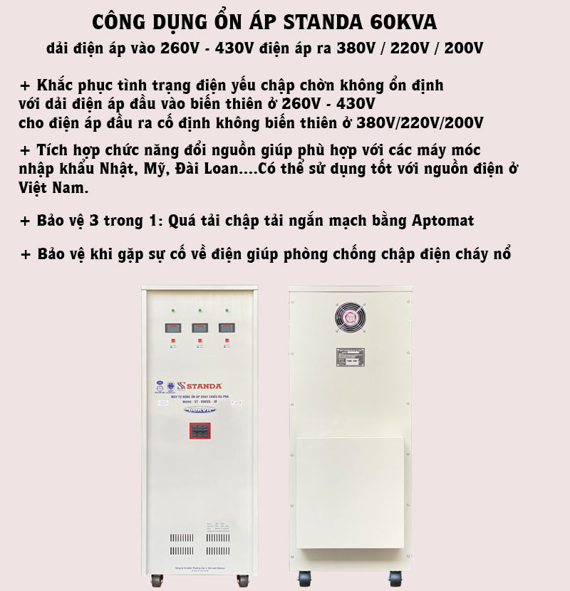 Công dụng của ổn áp cách ly Standa 60KVA dải 260V-430V dây đồng 100% DHDT