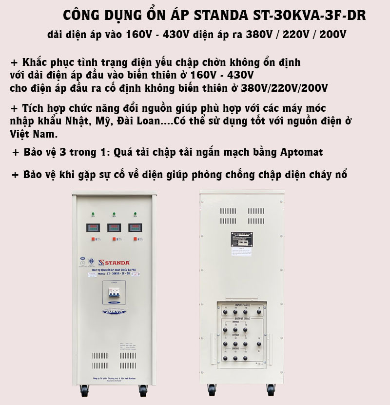 ổn áp Standa 30KVA dải 160V -430V dây đồng đồ hồ điện tử công dụng của máy