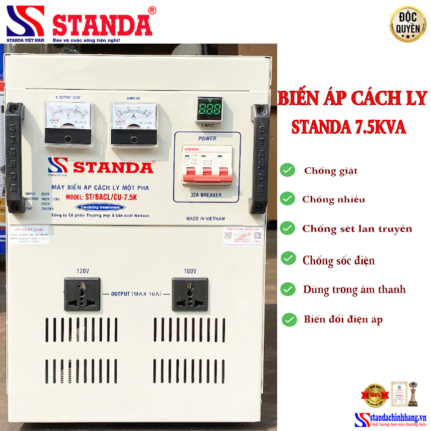 biến áp cách ly Standa 7.5KVA điện áp 220V điện áp ra 100V-220V-200V mặt trước máy 