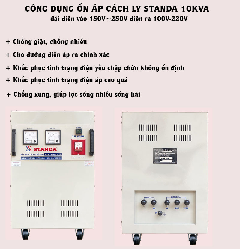 Công dụng của ổn áp cách ly standa 15KVA dải 150V-250V dây đồng